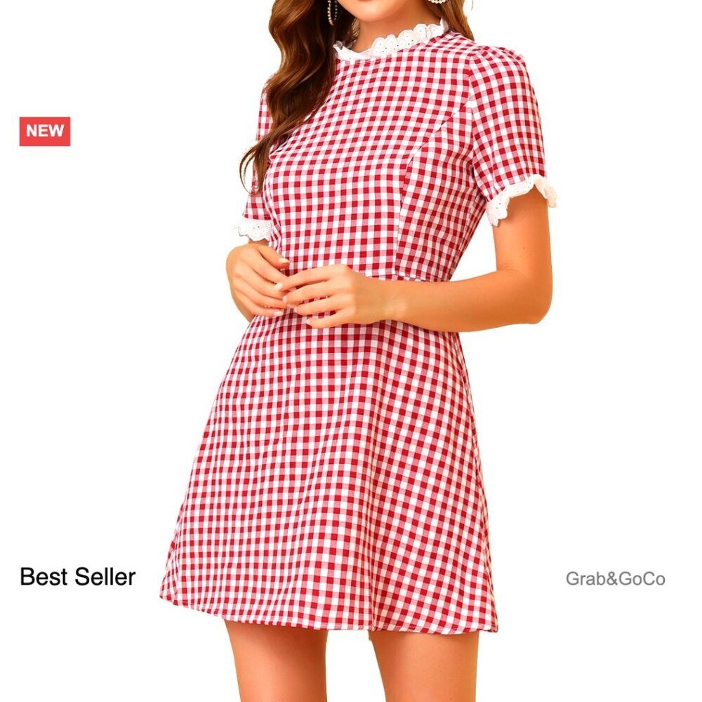 Gingham Mini Dress Lace Panel Plaid Short Sleeve Crew Neck Y2K Chic Party